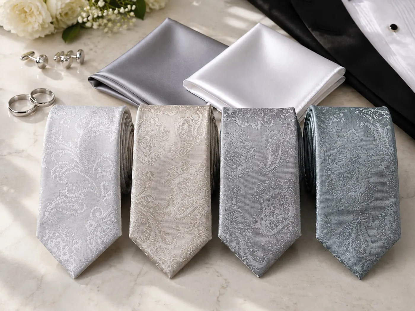 Quatro gravatas cerimoniais em branco, champanhe, prata e azul-claro, com dois lenços de bolso de cetim sobre mármore