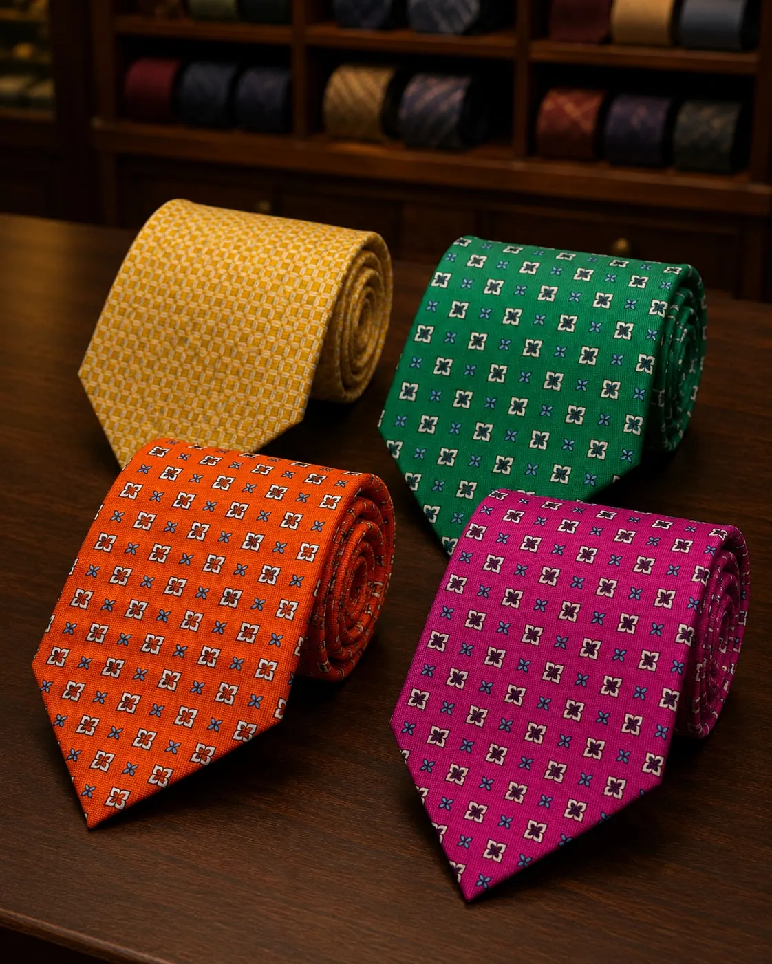Quatro gravatas de seda em amarelo, verde, laranja e pink, com florões miúdos