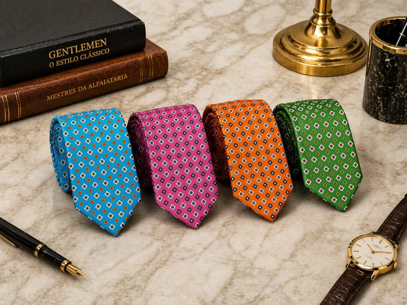Quatro gravatas de seda em turquesa, rosa, laranja e verde sobre mármore, ao lado de livros