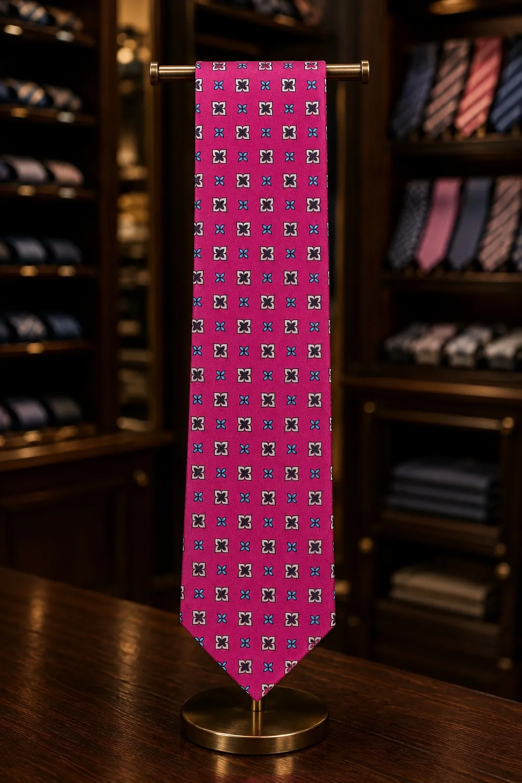 Gravata de seda magenta com florões brancos e pretos