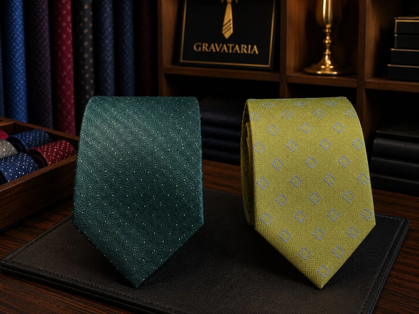 Duas gravatas clássicas, uma verde-escura de poá e outra amarela de quadrados