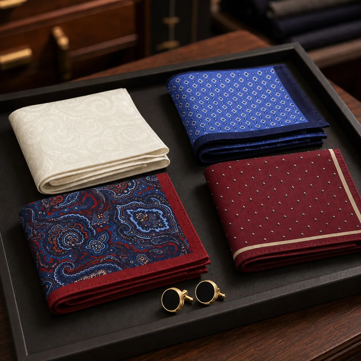 Lenços de bolso creme, azul de poá, paisley e vinho dobrados em bandeja escura
