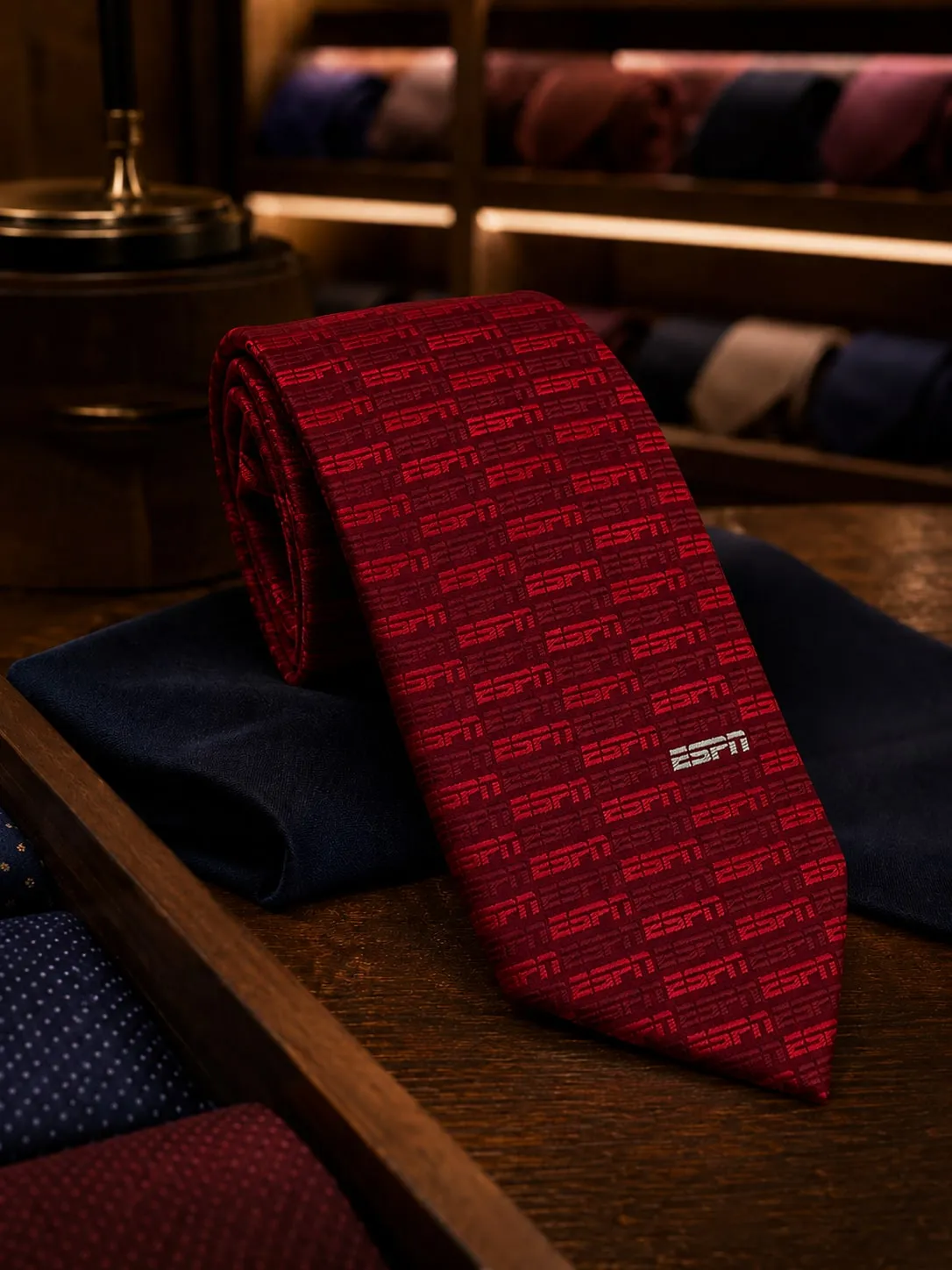 Gravata vermelha com o logo da ESPN tecido na trama, repetido em fileiras