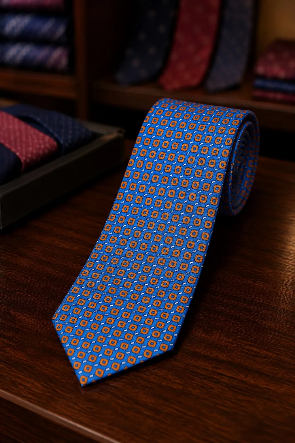 Gravata de seda azul-royal com florões laranja e brancos