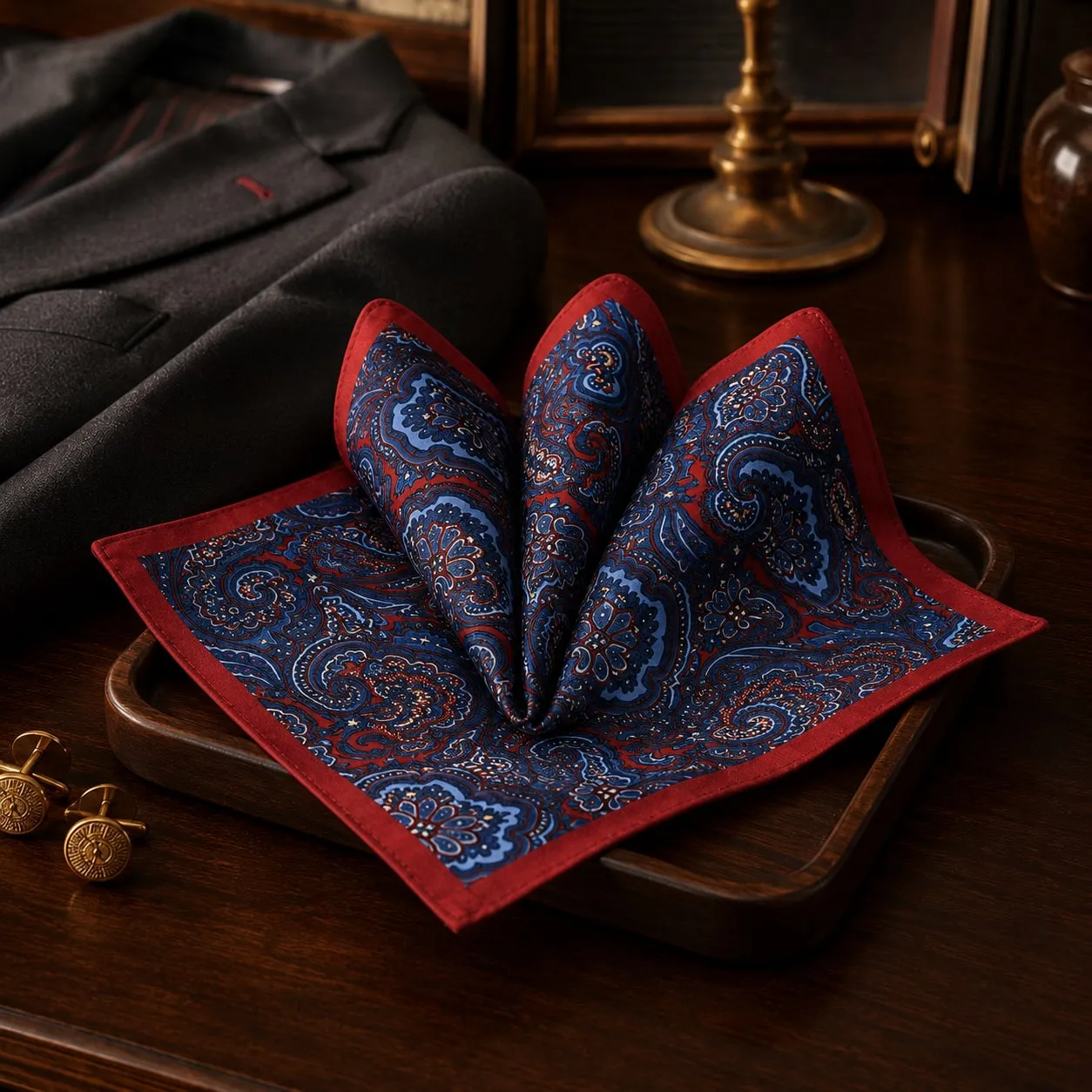Lenço de bolso de paisley azul com borda vermelha, aberto em leque numa bandeja