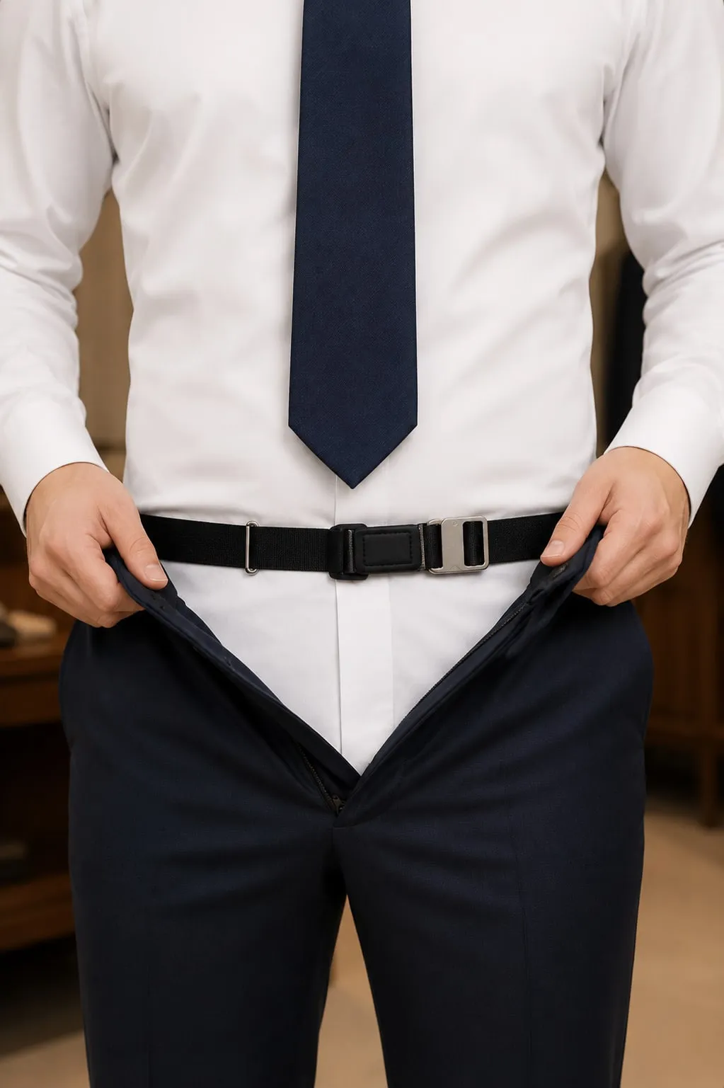 Homem de camisa branca e gravata azul ajustando o segura camisa na cintura