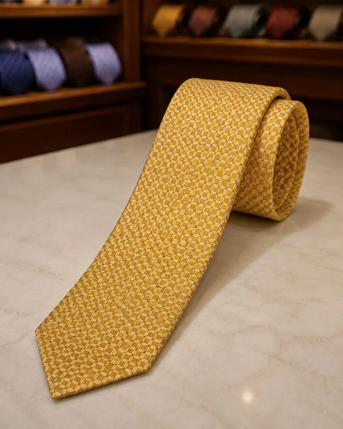 Gravata de seda amarelo-ouro de trama granulada