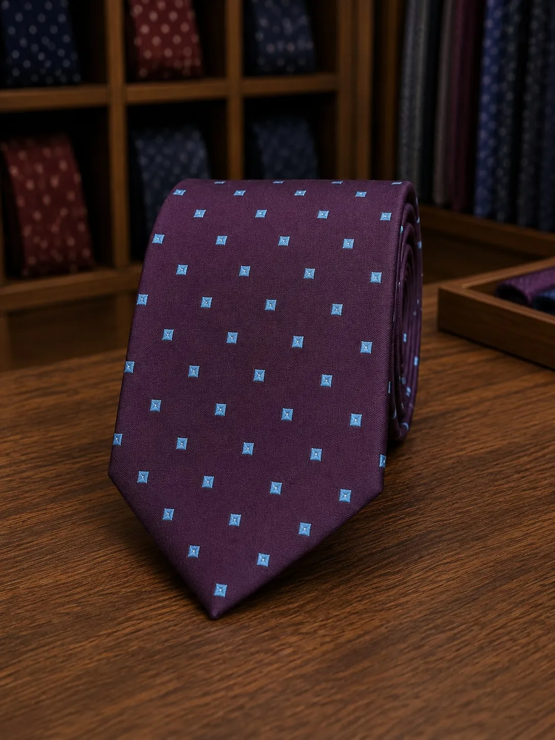 Gravata slim roxa com quadrados azul-claros, sobre mesa de madeira