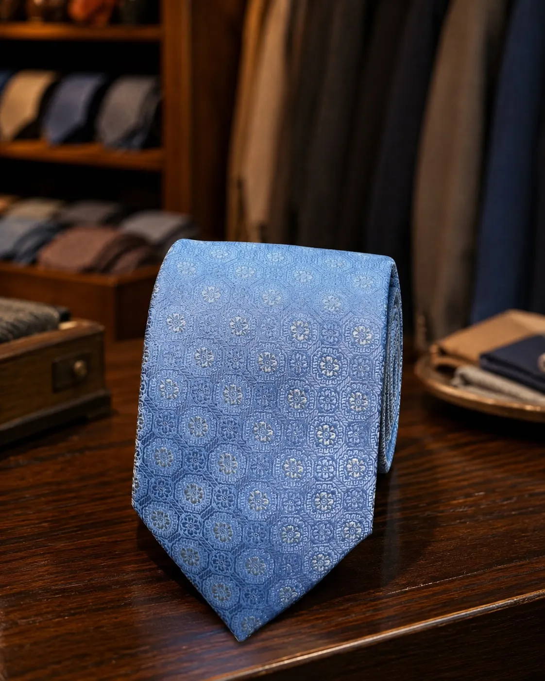 Gravata tradicional azul-clara com medalhões tecidos no jacquard
