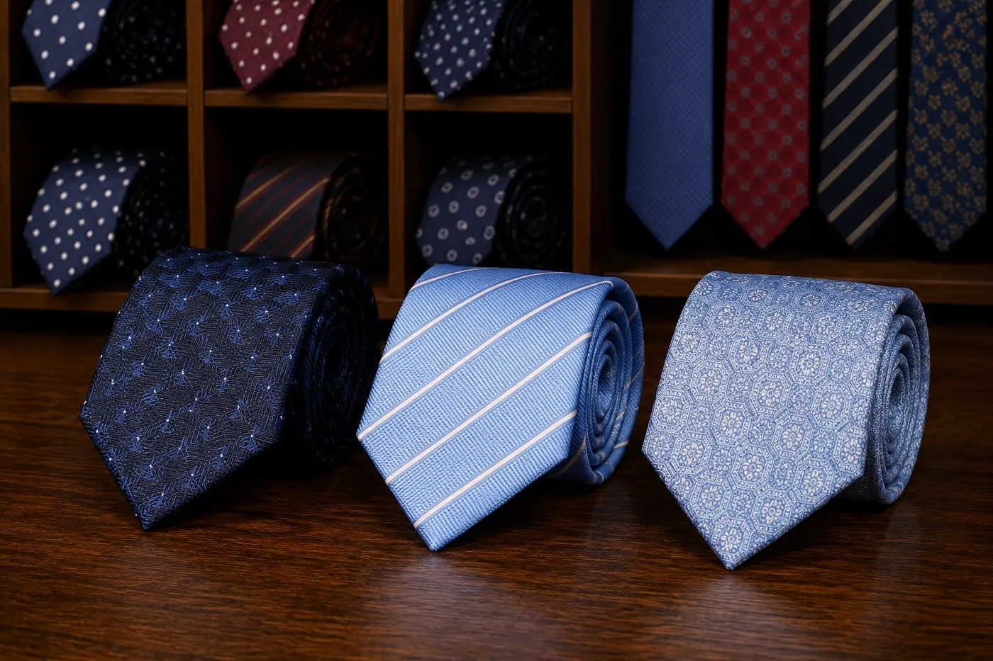 Três gravatas azul-claras, listrada, lisa e estampada, diante de nichos de gravatas