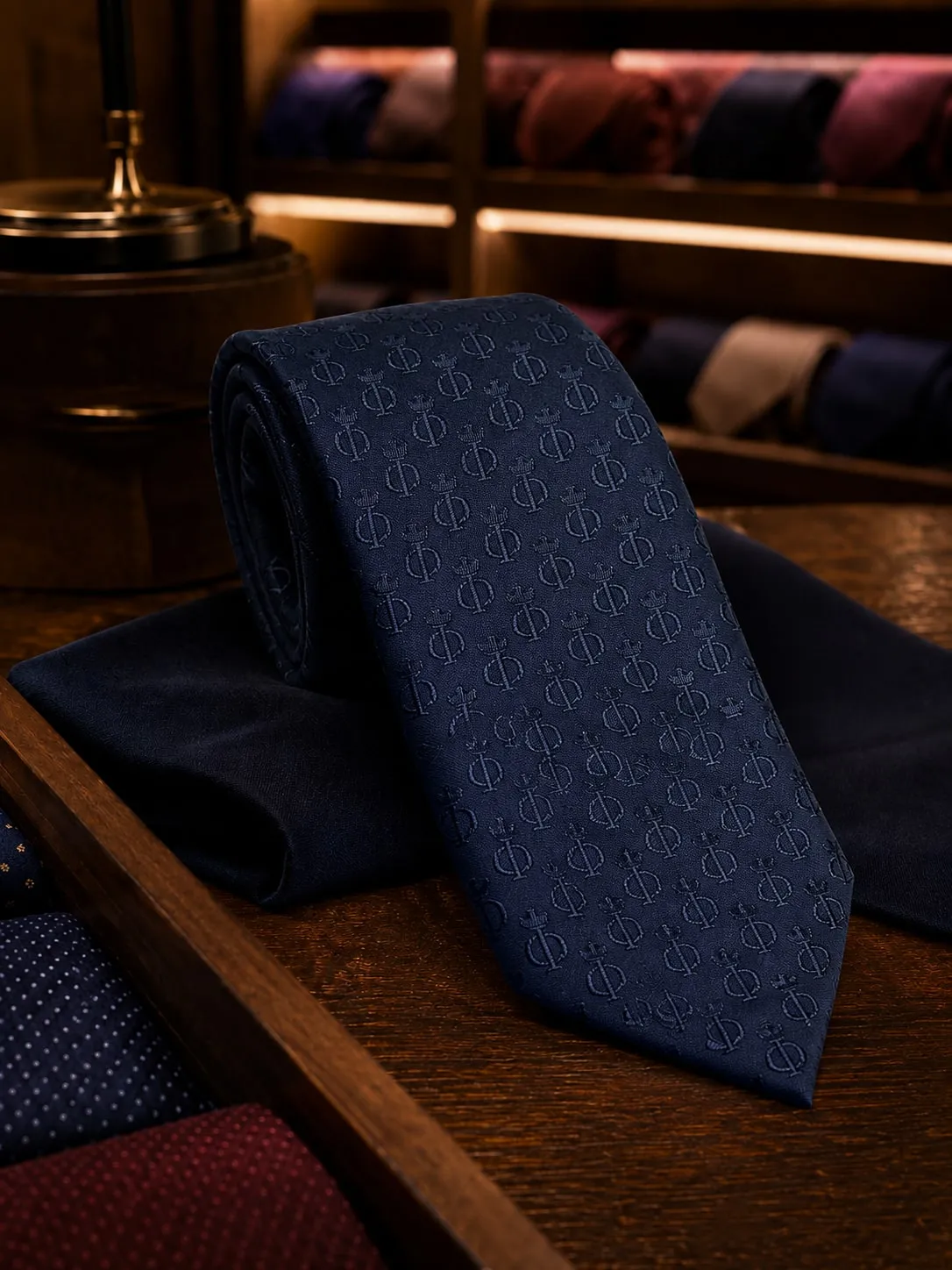 Gravata azul-marinho com monograma coroado tecido em tom sobre tom