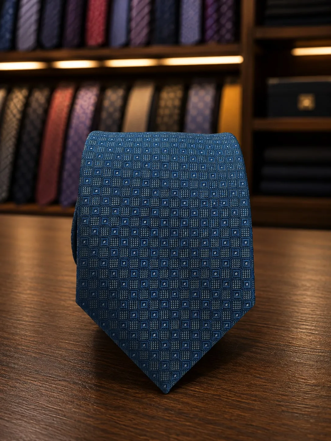 Gravata tradicional azul-petróleo com quadrados miúdos