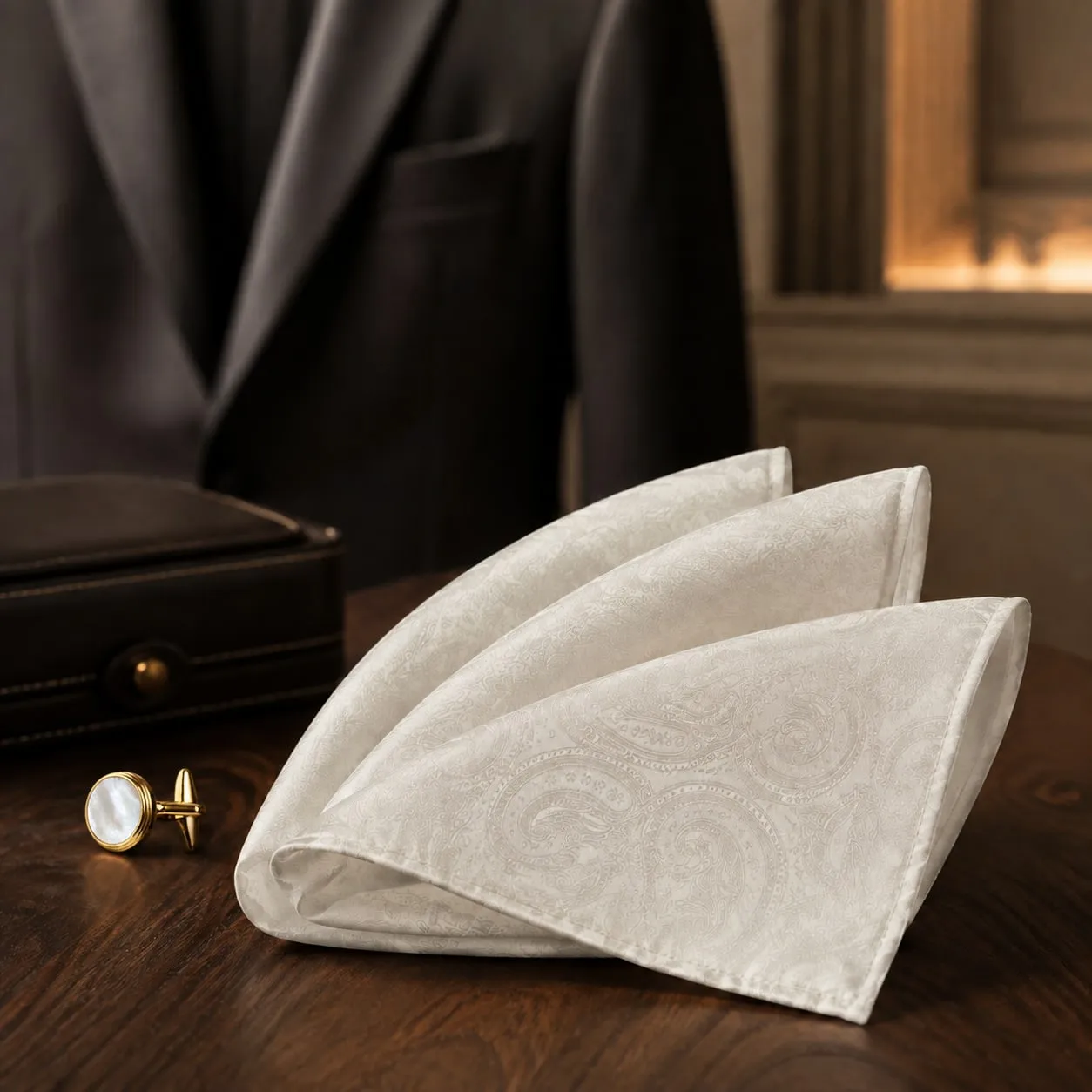 Lenço de bolso branco de paisley em relevo, dobrado ao lado de abotoaduras