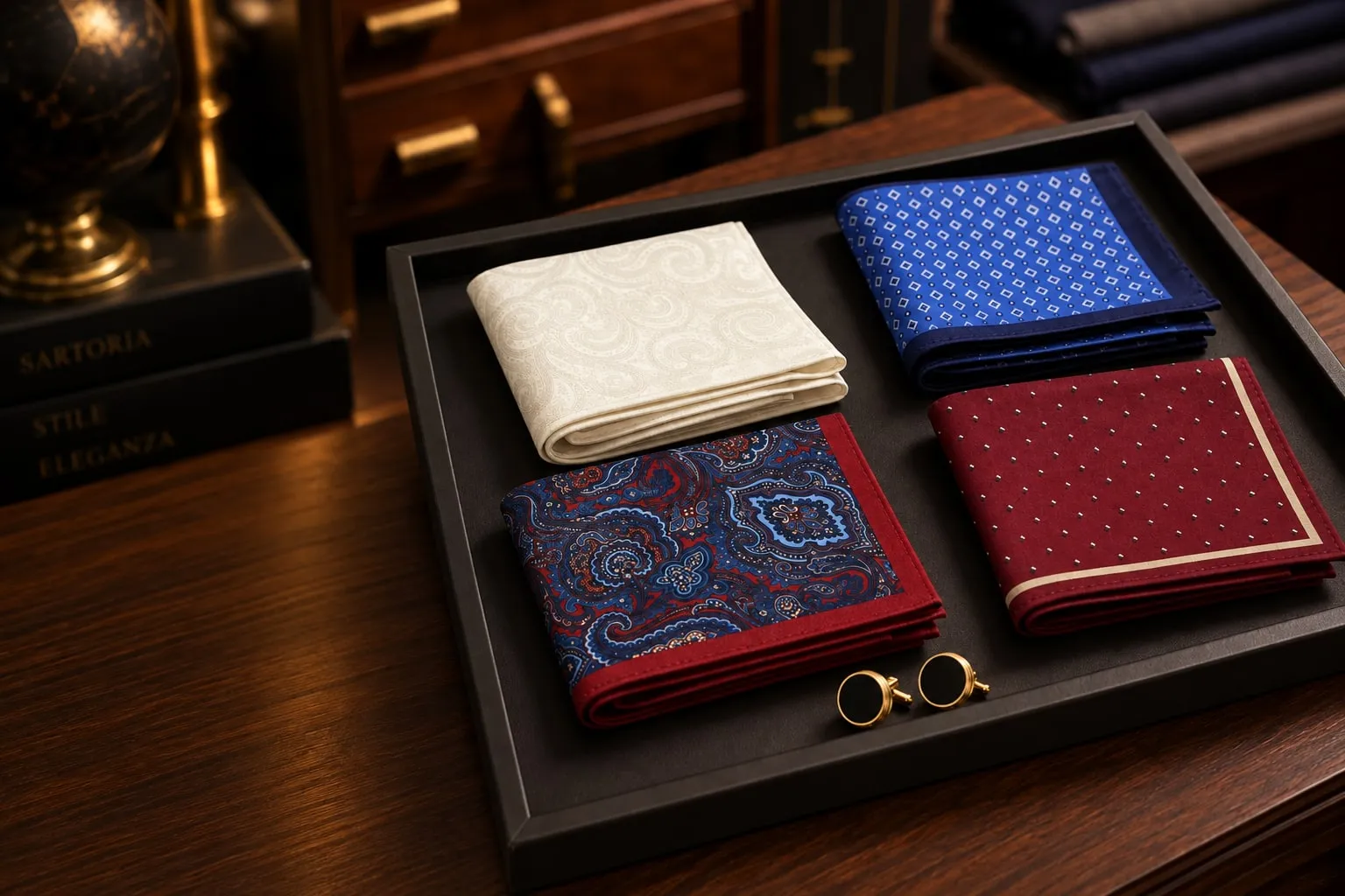 Lenços de bolso em jacquard, lisos e estampados