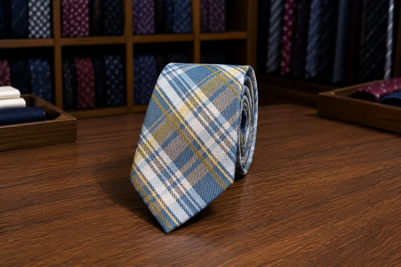 Gravata slim de xadrez em azul-claro, branco e amarelo