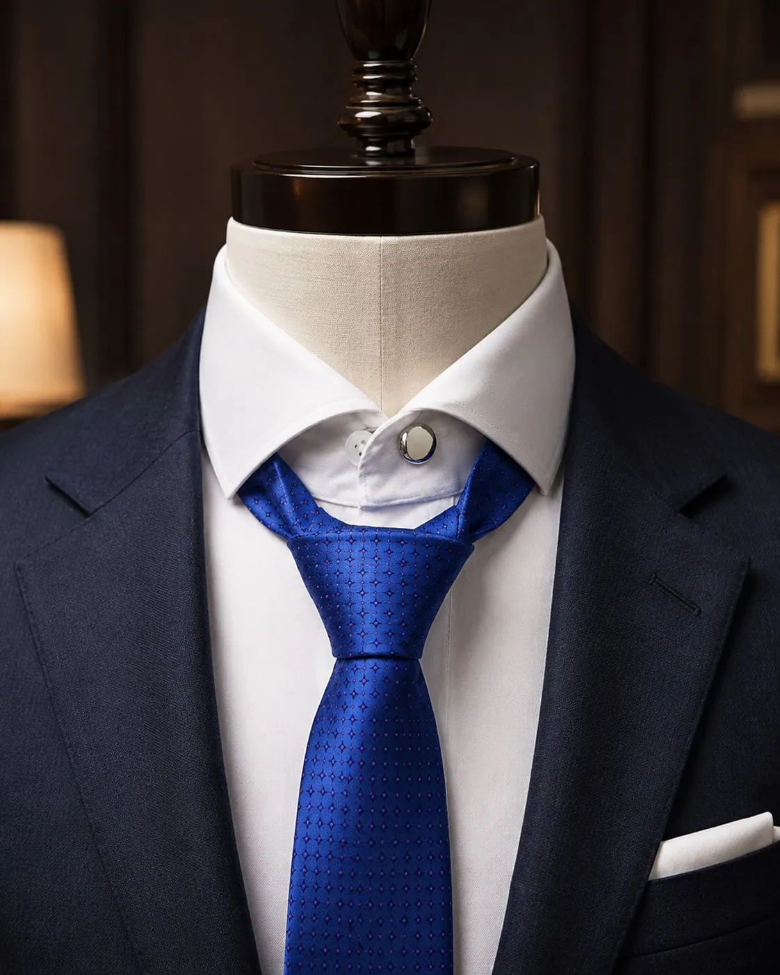Manequim de terno azul-marinho e camisa branca, com o extensor de metal fechando o colarinho sob a gravata azul