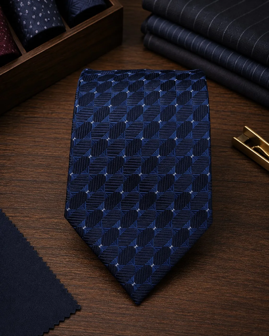 Gravata tradicional azul-marinho com bolinhas em relevo