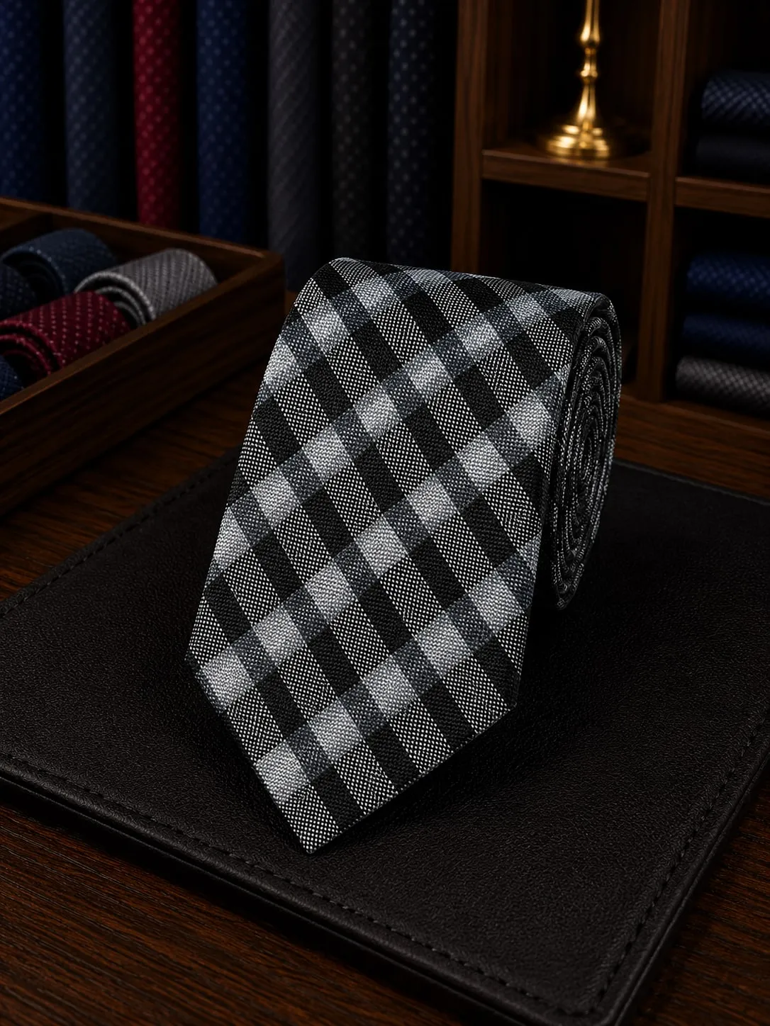 Gravata slim de xadrez preto e branco