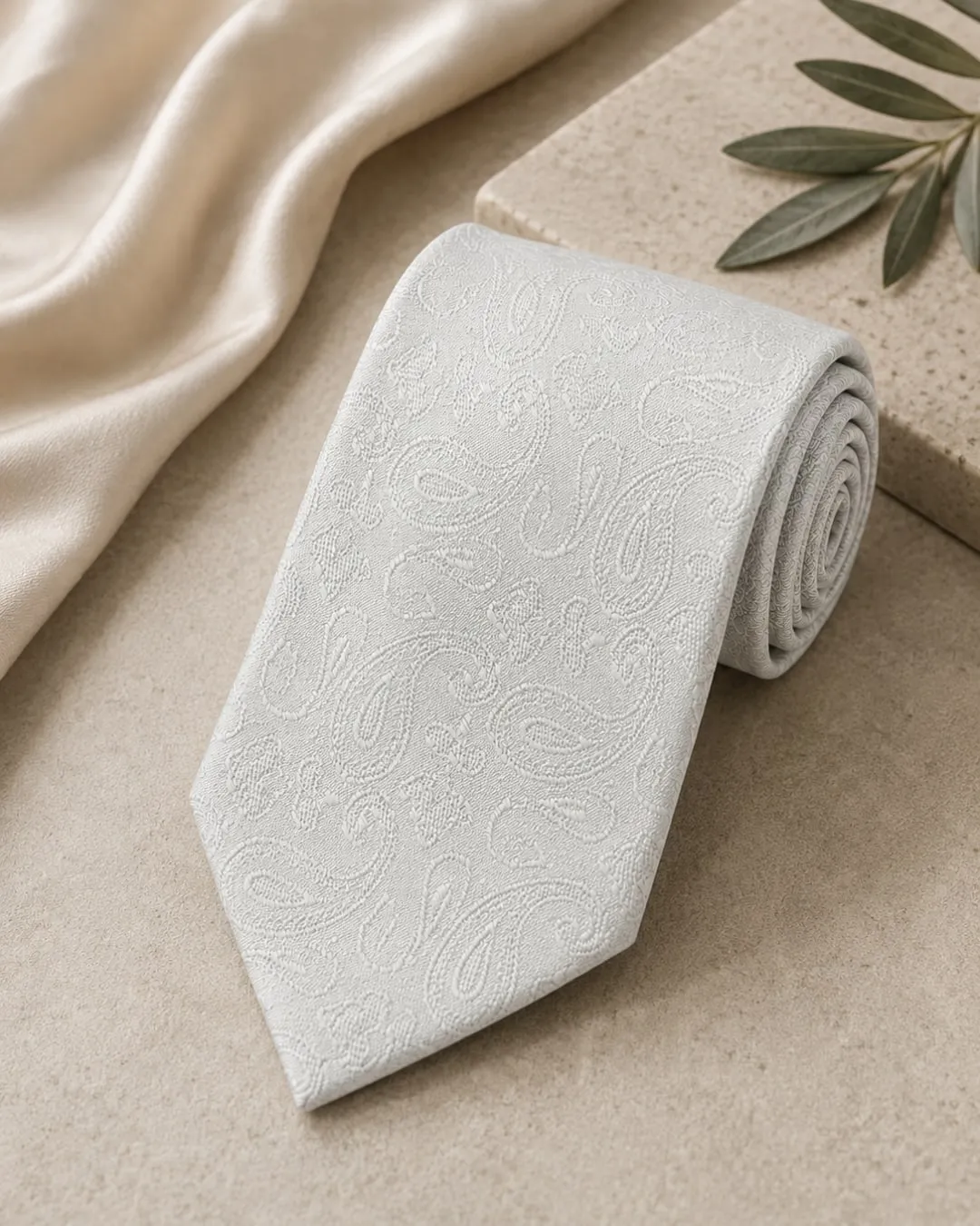 Gravata de seda branca com paisley em relevo, sobre mármore
