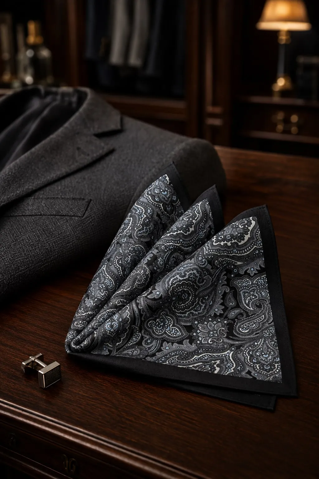 Lenços de bolso cinza de paisley abertos em leque, com abotoaduras