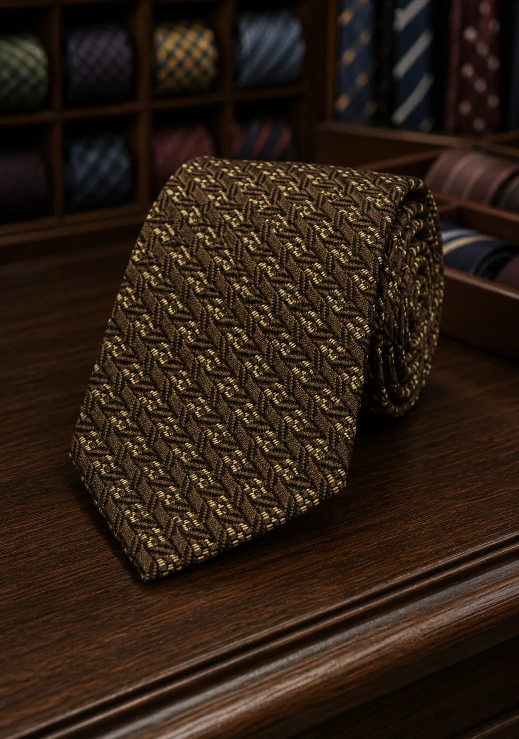 Gravata tradicional marrom com padronagem dourada tecida no jacquard