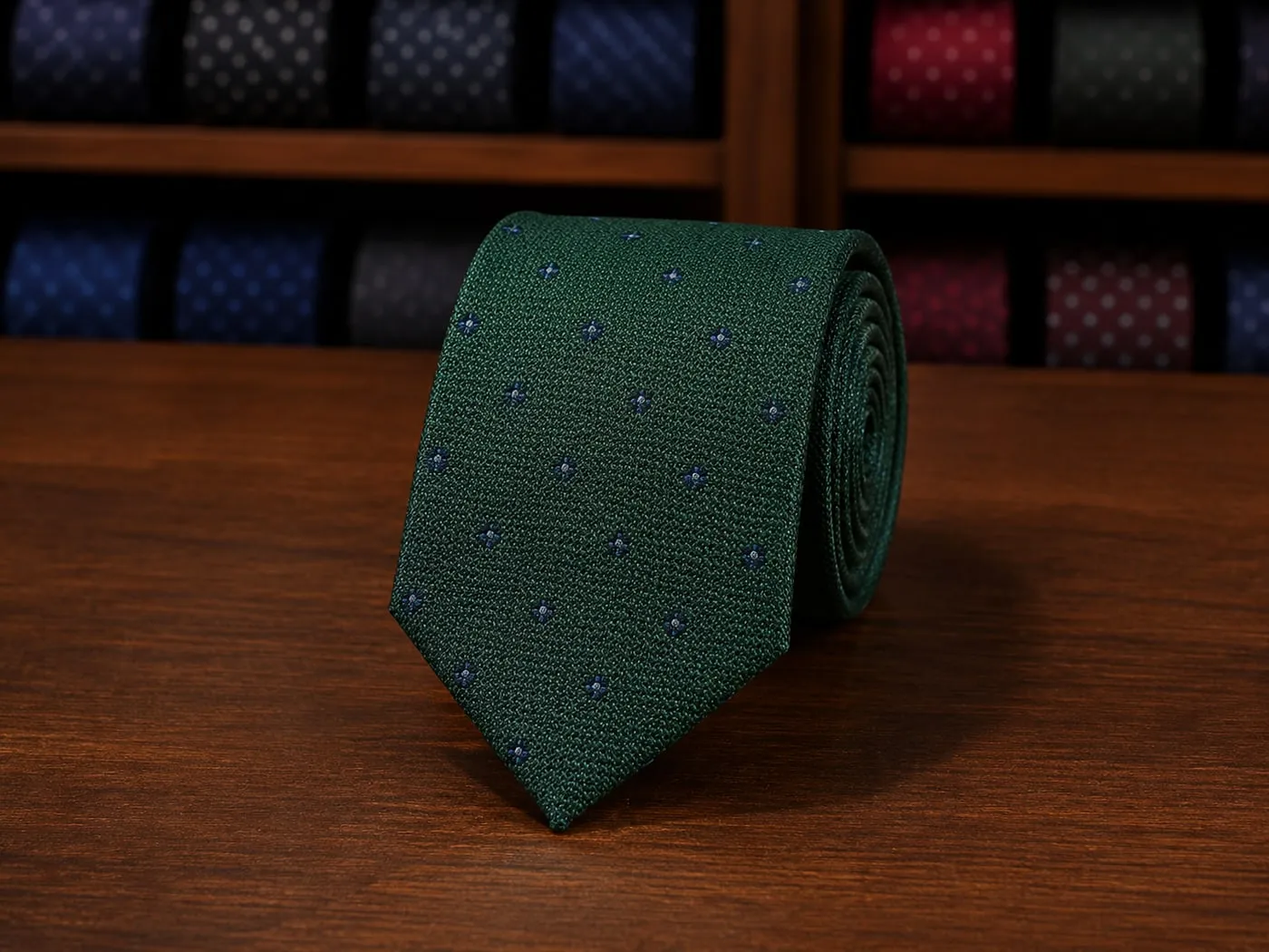 Gravata slim verde-escura com poá azul-claro