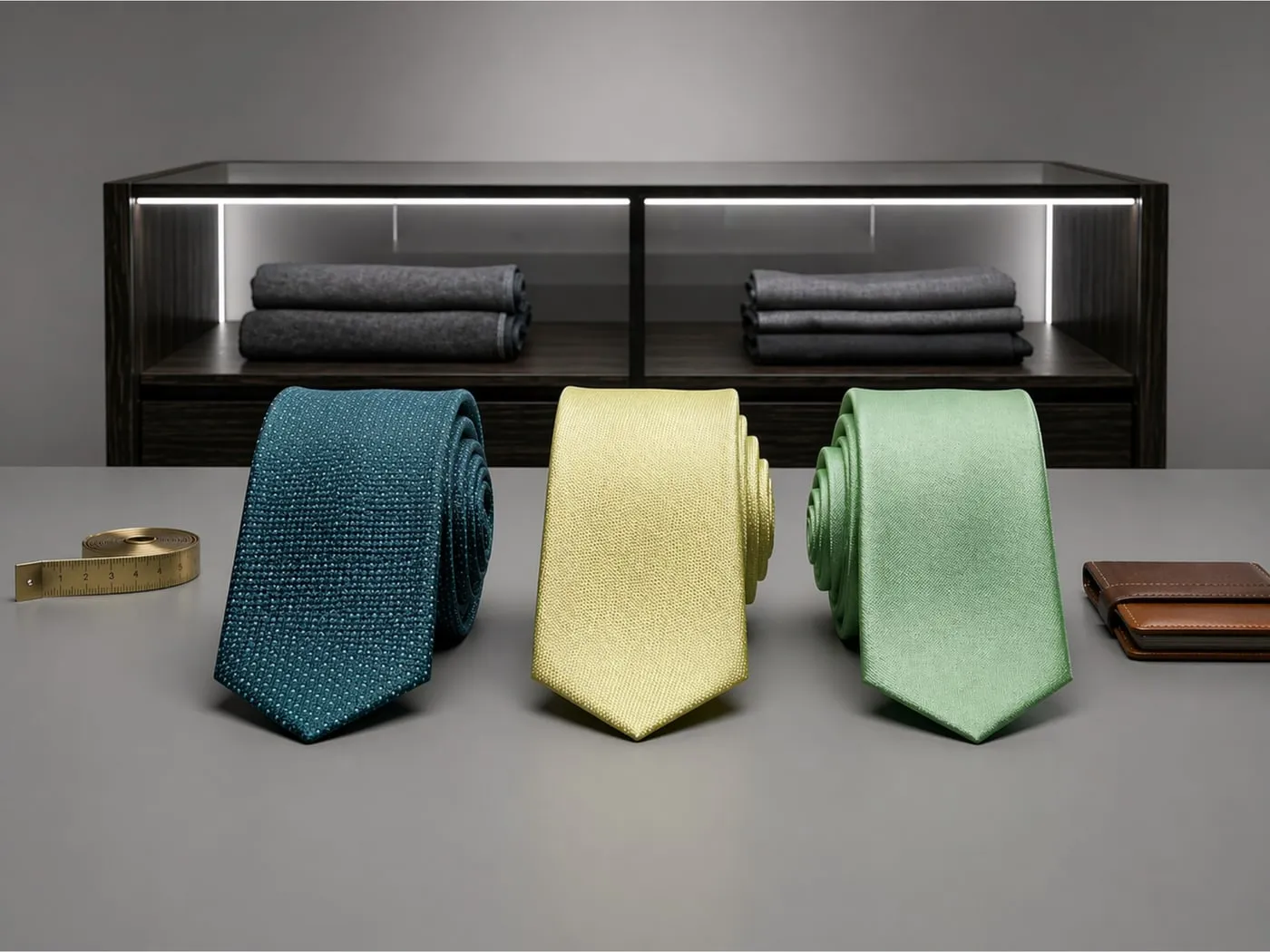 Gravatas tradicionais em verde-petróleo, amarelo e verde-claro diante de uma vitrine iluminada