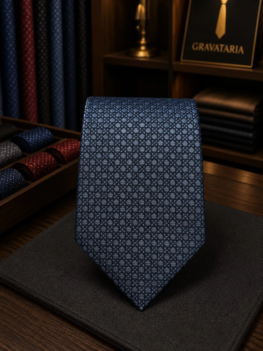 Gravata clássica azul-acinzentada com desenho geométrico miúdo