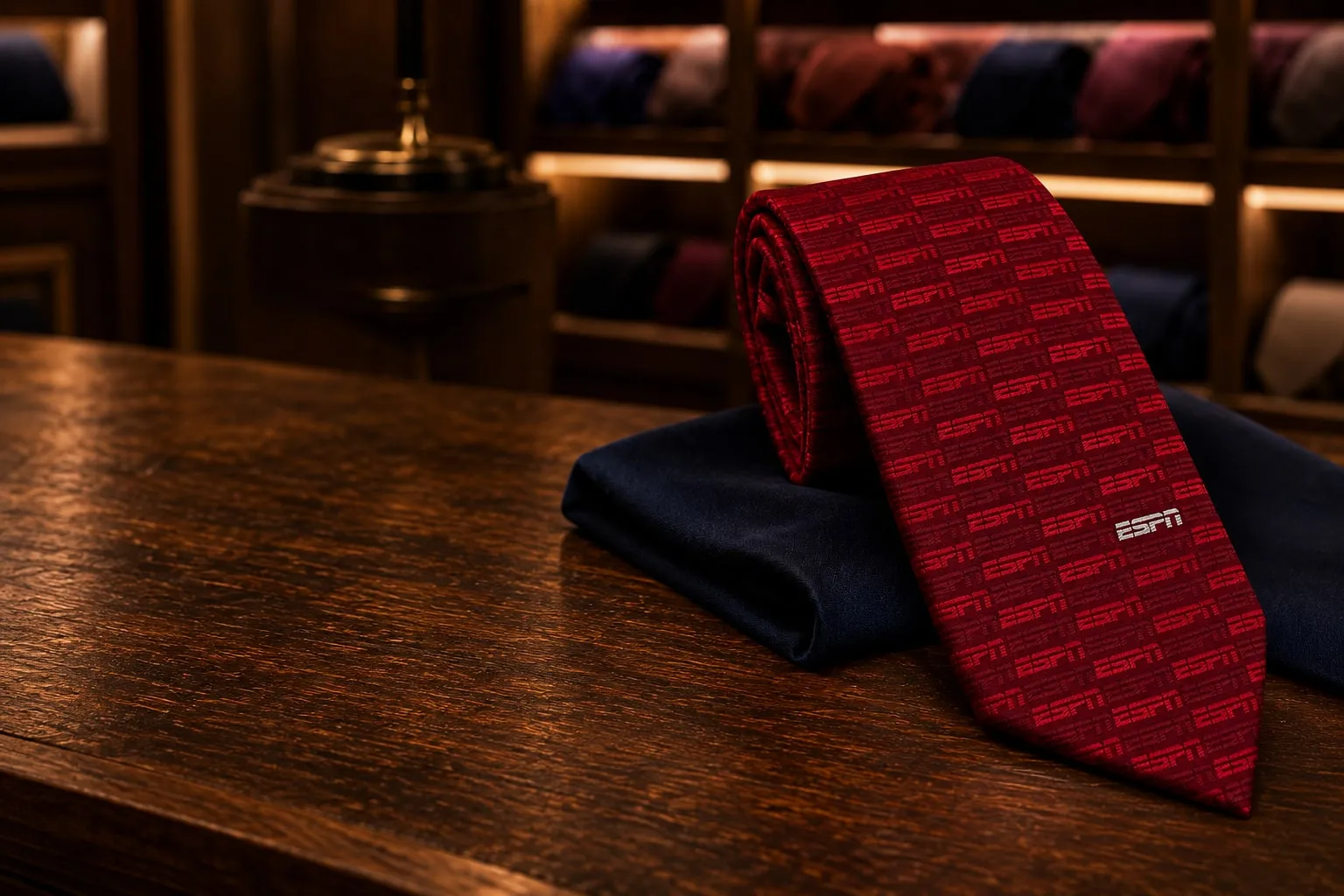Detalhe do logo tecido no jacquard da gravata