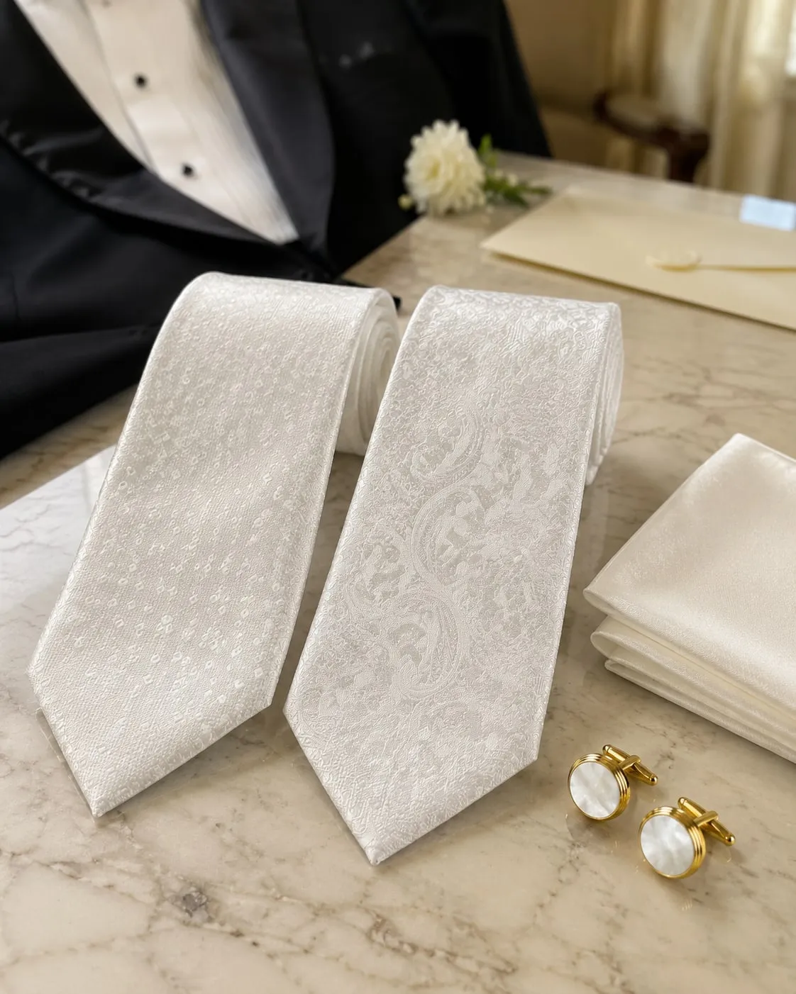 Duas gravatas off-white, uma de poá miúdo e outra de paisley, com lenço de bolso creme e abotoaduras douradas