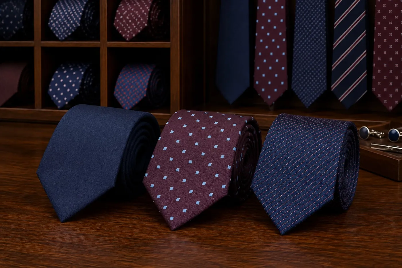 Três gravatas slim enroladas, azul-marinho, vinho de poá azul e azul-escura, diante de nichos de gravatas