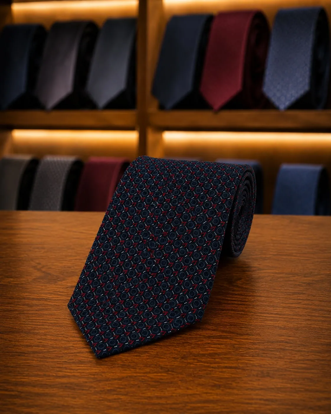 Gravata slim azul quase preta com poá vermelho miúdo