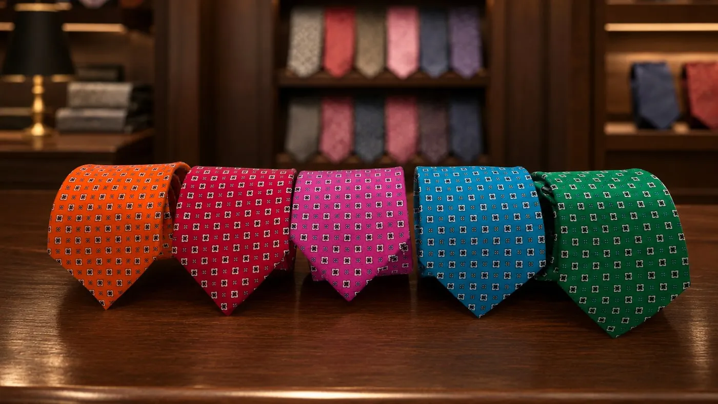 Gravatas de seda vermelha, pink e azul-petróleo com florões miúdos