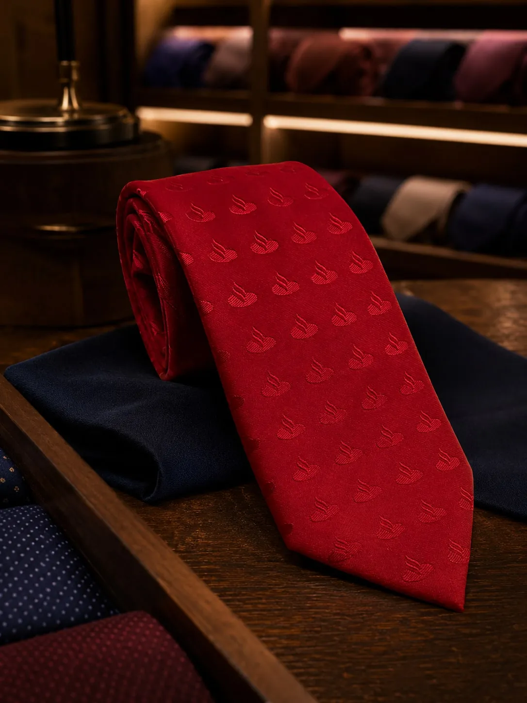 Gravata vermelha com a chama do Santander tecida na trama, em vermelho sobre vermelho