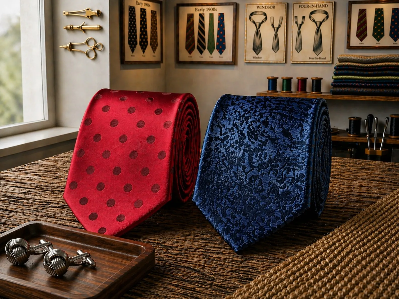 Gravatas vermelha de poá e azul-marinho de paisley enroladas lado a lado, com abotoaduras em bandeja de madeira e quadros de nós de gravata ao fundo